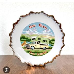 Vintage Ceramic Plate with Gold and Green Camper Scene